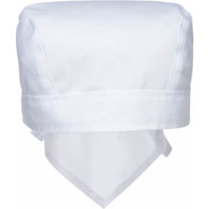 A white bandana-style headwear with a structured top and trailing fabric at the back. Features a logo.