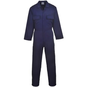 A navy blue Euro Work Boilersuit featuring long sleeves, a front zipper, and two chest pockets. It has a logo on it.