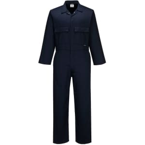 A navy polycotton coverall featuring long sleeves and two front pockets, with a logo present.