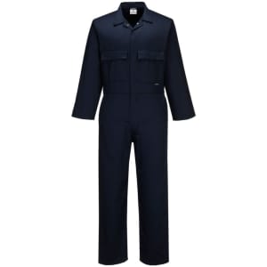 A navy polycotton coverall with long sleeves and two chest pockets, featuring a logo on the chest.