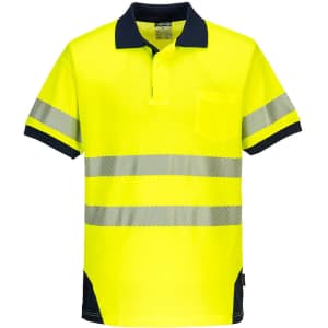 A bright yellow polo shirt with navy blue accents and reflective stripes, featuring a chest pocket and a logo.