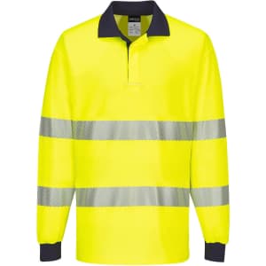 Hi-vis long-sleeve polo shirt in fluorescent yellow with reflective stripes and a navy collar; features a logo.