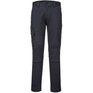 Black cargo trousers featuring multiple pockets and a straight-leg design. Includes a branding logo.
