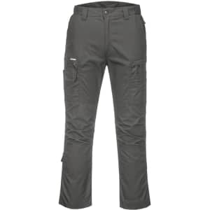 Cargo pants in a dark grey shade featuring multiple pockets and a logo. Designed with a durable ripstop fabric.