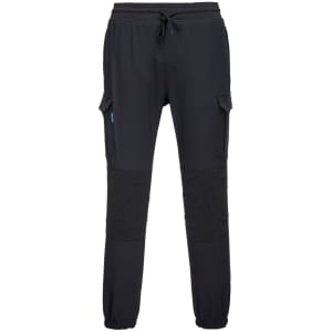 Black KX3 Flexi Trousers featuring elastic cuffs and cargo pockets. The trousers have a logo on them.