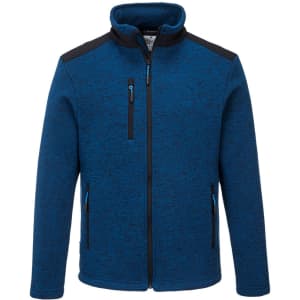 A blue polar fleece jacket featuring a zippered chest pocket, side pockets, and black detailing on the shoulders.