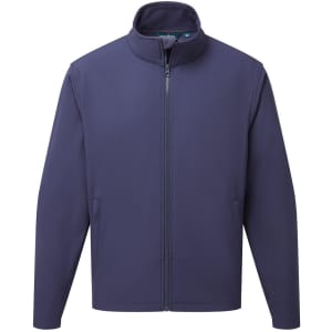 A navy blue softshell jacket with a full zip, high collar, and side pockets. Features a logo on the chest.