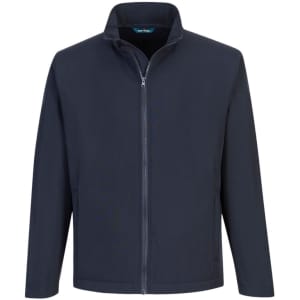 A navy softshell jacket with a zip front and a collar. It features a logo on the chest.