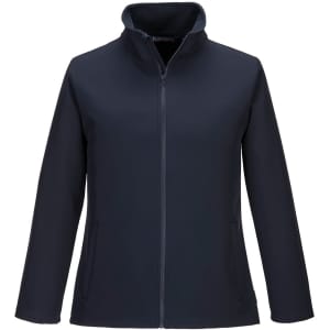 A navy softshell jacket featuring a full front zip and side pockets, with a collar and a logo.