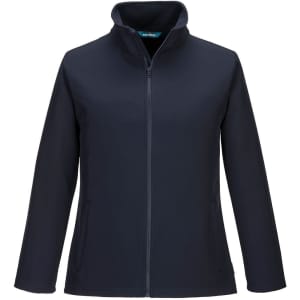 A navy softshell jacket featuring a zip front and two side pockets, designed for women. It includes a logo.