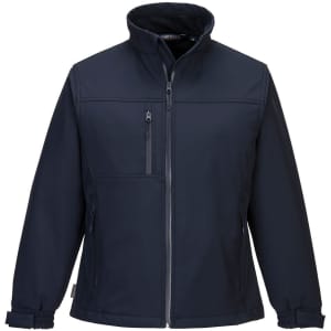 A navy softshell jacket featuring a zippered front, three pockets, and a stand-up collar. It has a logo on it.