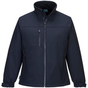 A navy women's softshell jacket with a zip front and multiple pockets. The jacket features a collar and has a logo.