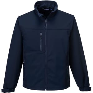 A navy softshell jacket with a zippered front and multiple pockets. It features a subtle logo on the chest.