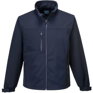 A navy soft shell jacket featuring a zip front, zip pockets, and a collar. It has a subtle logo.