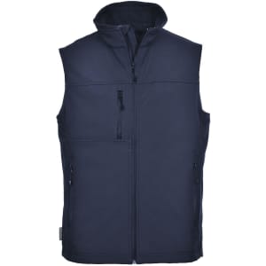 A navy softshell bodywarmer featuring a high collar and multiple zip pockets, with a logo on the front.