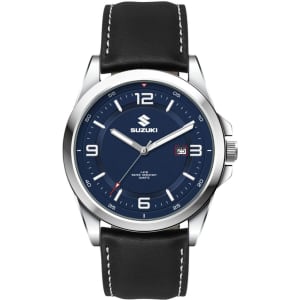 A casual unisex watch featuring a navy blue dial, silver case, and a black leather strap, with a logo on the face.