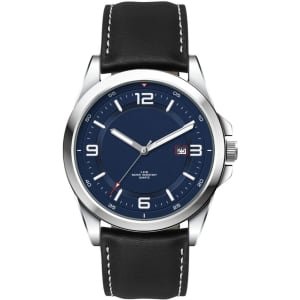 A casual unisex watch featuring a navy blue face and a black leather strap, with a stainless steel case and a branding logo.
