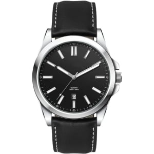 A casual unisex watch featuring a black face and a black leather strap, with a stainless steel case and a logo.