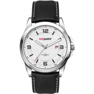 A unisex watch featuring a silver face, black leather strap, and a logo on the dial.
