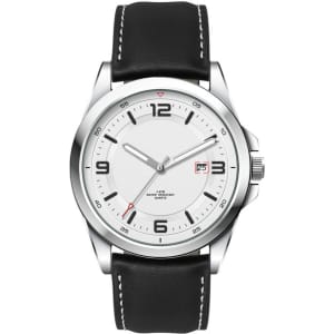 A casual unisex watch featuring a silver dial, black leather strap, and a date display. It includes a logo on the watch face.