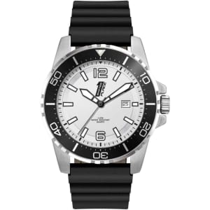 A sports watch with a black silicone strap and a white dial featuring silver accents and a date function.