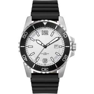 A sports watch featuring a white dial, black bezel, and silicone strap. It has a logo on the face.