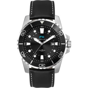 A sports watch featuring a black leather strap and a stainless steel case with a black dial and white details.