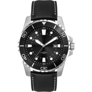 A sports watch featuring a black leather strap, silver detailing, and a black dial with luminous markers and a date function.