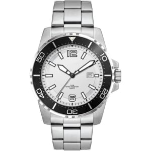 A stainless steel sports watch featuring a white face and black bezel, with a metal strap and a logo.