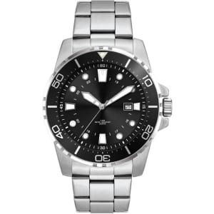 A stainless steel sports watch with a black face, featuring luminous markers and a date display.