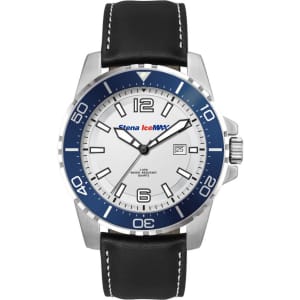 A sports watch with a silver case, white face, blue bezel, and a black leather strap, featuring a logo.