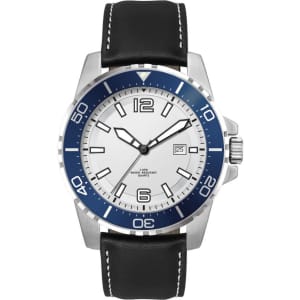 A sports watch featuring a white dial, blue bezel, and a black leather strap, with a logo on the face.