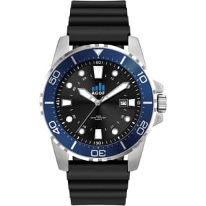 A sports watch featuring a black silicone strap and a black dial with blue accents, complete with a branding logo.