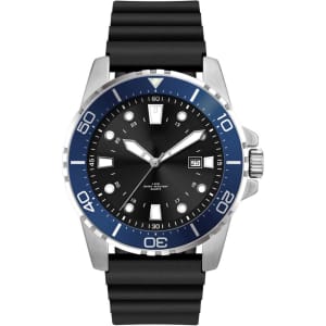 A sports watch featuring a black silicone strap and a black and blue face with luminous markers and a date display.