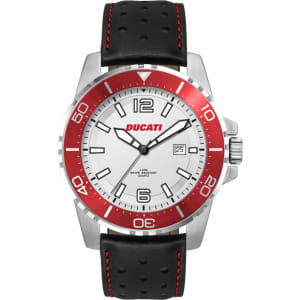 A sports watch with a white face, silver casing, and black leather strap featuring red accents and a logo.