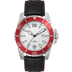 A sports watch with a silver case, white dial, red bezel, and either a leather or silicone strap with red stitching.