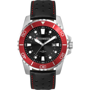 A sports watch with a black face, red bezel, and a black leather strap featuring red stitching. Includes a logo.