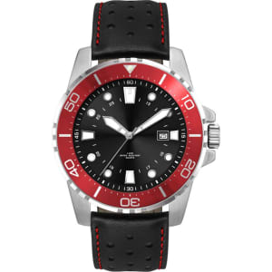 A sports watch featuring a black face, red bezel, and black leather strap with red stitching. The watch has a logo.