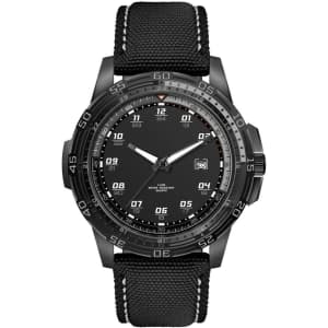 A sports watch with a black face and numbers, featuring a textured black rPET strap and a logo.