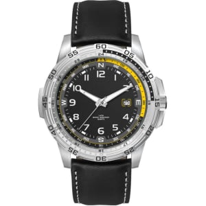 A sports watch featuring a black leather strap, stainless steel case, and a black dial with yellow accents.