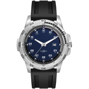 A sports watch with a silver stainless steel case, a dark blue dial, and a black silicone strap. It features a logo.