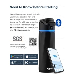 A drink bottle in black, featuring a sleek design, a lid, a logo, and a smartphone displaying hydration tracking information.
