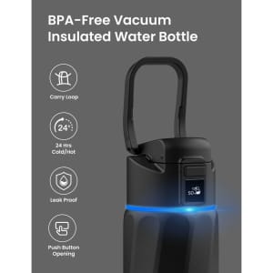 A drink bottle in black featuring a carry loop, BPA-free construction, and vacuum insulation with a glowing blue band.