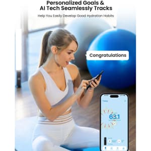 A drink bottle in light blue with a sleek design and a logo, alongside a smartphone displaying hydration tracking features.