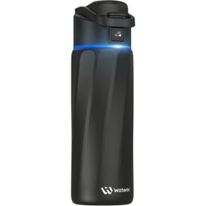 A drink bottle in matte black with a sleek design and a logo, featuring an LED indicator on the lid.