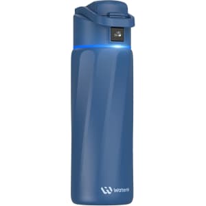A drink bottle in blue with a sleek design and a built-in digital display. It features a logo on the body.