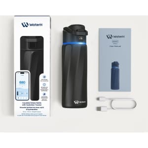A drink bottle in matte black with a detachable lid, alongside a user manual and USB charging cable.
