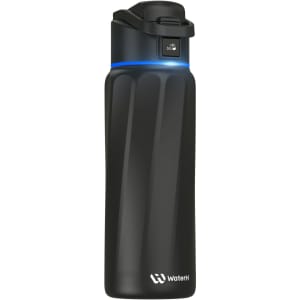 A drink bottle in black with a sleek design and a light band near the top; features a logo.