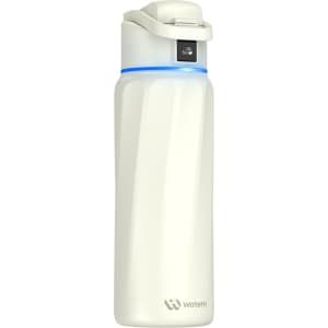 A drink bottle in white with a blue accent and a logo, designed for hydration and featuring a secure lid.