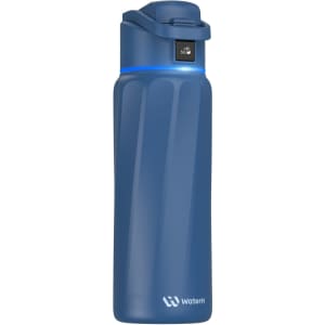 A drink bottle in navy blue with a sleek design and a logo on the side. Features a secure lid and LED indicator.